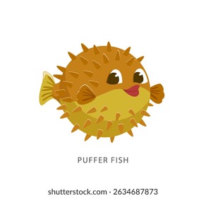 Peixe-Tampão. Ilustração de vetor plano de baiacu isolado em fundo branco. Peixe Fugu bonito em estilo cartoon. Peixe-balão tóxico exótico. Caráter marinho de Pupferfish ou Blowfish.