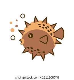 Puffer fish, hedgehog fish, marine life. Cute character is drawn in cartoon style, isolated on a white background. Vector illustration