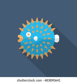 Puffer fish icon, Vector flat long shadow design. EPS10