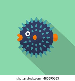 Puffer fish icon, Vector flat long shadow design. EPS10