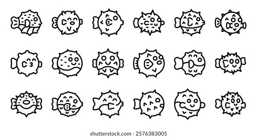 Puffer fish icons set. Set of puffer fish icons in different poses, showcasing their inflated and deflated states, ideal for marine life or aquatic designs