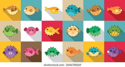  Puffer fish icons set. Flat design pufferfish icons showcasing various colors and styles, representing the diversity of marine life