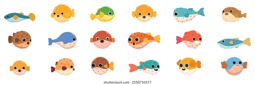 Puffer fish icons set. Sixteen colorful pufferfish in different poses, some inflated and some swimming, creating a playful and diverse underwater scene