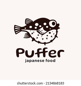 Logo De Pescado De Puffer Comida Japonesa. Plantilla con el logotipo del Sushi de Fugu. Concepto de mascota con logotipo de pez globo para un icono de marisco fresco