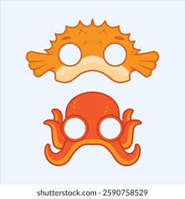 Puffer fish and octopus animal mask cartoon illustration