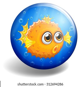 Puffer fish on round badge illustration