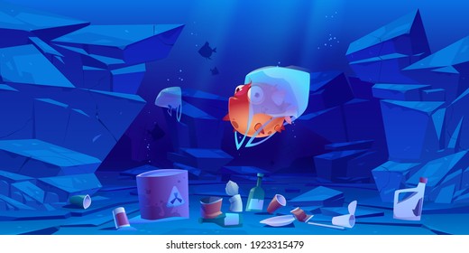 Puffer fish in plastic bag underwater in sea or ocean. Ocean pollution by trash, global littering. Vector cartoon landscape of sea bottom with floating bags, bottles, garbage, barrel with toxic waste