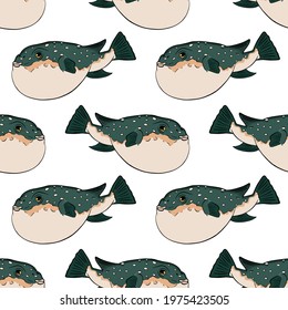 Puffer fish seamless pattern. Hand drawn vector fish. Sea, river or ocean fish. Design for fishing catch or fisher sport club. Fish market, menu seafood. Design template, banner