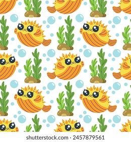 Puffer fish seamless vector pattern. A funny orange animal swims among reef seaweed, bubbles. Happy aquarium fugu with spines. Underwater ocean blowfish, wild life. Cartoon marine background for kids
