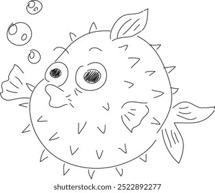 A puffer fish with spikes blows bubbles in the water, hand drawn with black brush on white background