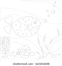 Puffer fish swims at the bottom of the sea. Coloring book - vector illustration, eps