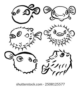 
Puffer fish vector set isolated on white background hand drawn with black ink