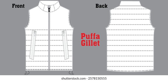 Puffer Gilet Template Padded Vest Mock up Vector Flat Technical Drawing Gilet Mock-up Illustration Template