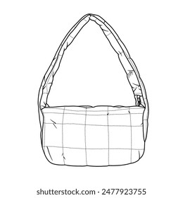 Bolso del puffer para las mujeres, bolso acolchado acolchado abajo para el arte de la línea de compras y del viaje, ilustración del garabato del Vector del contorno vista delantera, aislada en fondo blanco