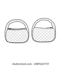 Puffer handbag for women. Quilted down padded satchel bag for shopping and travel line art. Outline vector doodle illustration isolated on a white background