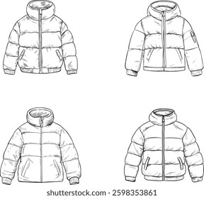 Puffer Jacket Collection, Vector Illustration Isolated on White Background.