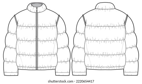 Puffer jacket design flat sketch Illustration front and back view vector template, Quilted  Puffa winter Jacket for men and women