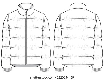 Puffer jacket design flat sketch Illustration front   back view vector template  Quilted  Puffa winter Jacket for men   women