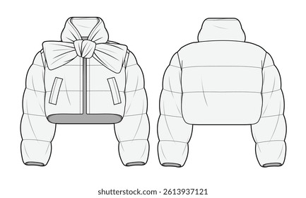 Puffer jacket front and back view mockup template vector design technical illustration.