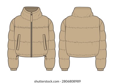 Puffer jacket front and back view technical flat drawing vector mockup template.