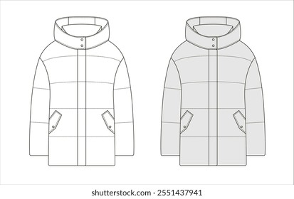 Chaqueta abullonada con cuello alto abotonado, bolsillos delanteros y diseño acolchado mostrado como un boceto técnico detallado en estilo minimalista