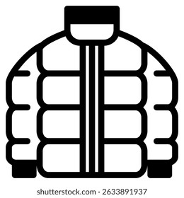 Puffer Jacket Symbol in Schwarz Füllung. Glyphenstil. Einzeln auf weißem Hintergrund