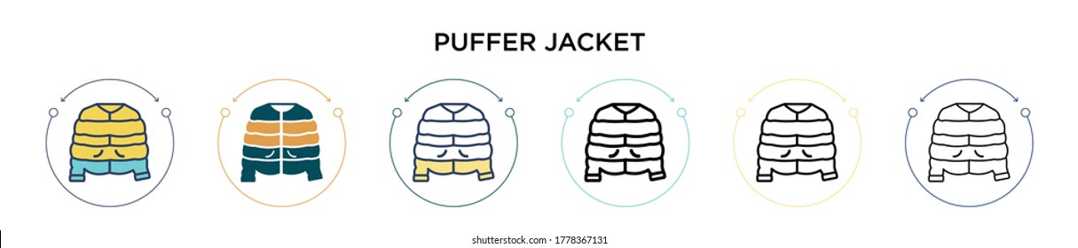Puffer jacket icon in filled, thin line, outline and stroke style. Vector illustration of two colored and black puffer jacket vector icons designs can be used for mobile, ui, web