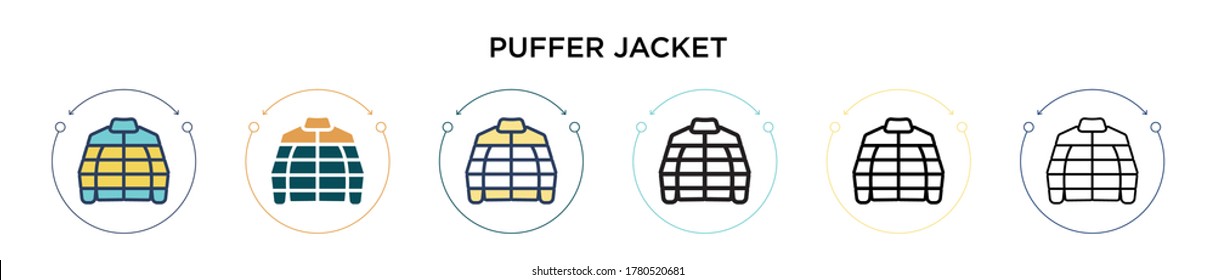 Puffer jacket icon in filled, thin line, outline and stroke style. Vector illustration of two colored and black puffer jacket vector icons designs can be used for mobile, ui, web