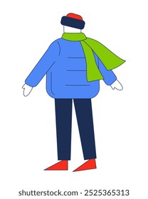 Hombre de la chaqueta del soplador en carácter de dibujos animados 2D de la bufanda tejida del sombrero. Modelo de moda de Clima frío muñeca de ropa exterior de invierno masculina muñeca muñeca persona aislada Vector plano sobre fondo blanco. Ilustración de punto colorido