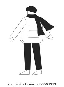 Puffer chaqueta de hombre en sombrero de punto bufanda blanco y negro 2D línea de carácter. Modelo de moda de Clima frío muñeca de ropa exterior de invierno masculina muñeco de Vector aislado persona de contorno. Ilustración de punto monocromático