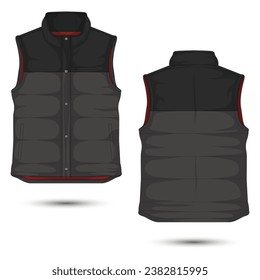 Puffer jacket mockup front and back view. Outdoor vest template. Vector illustration