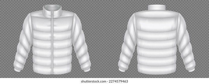 Chaqueta de puffer, chaqueta de abrigo de invierno acolchada. Prendas blancas masculinas, desgaste exterior con cremallera en la parte delantera y trasera aisladas en fondo transparente, burla vectorial realista