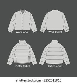  Puffer jacket  technical drawing mockup  Jacket technical drawing template  short sleeve  pocket  front   back view  white  women  men  unisex CAD mockup 