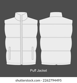 Puffer jacket  technical drawing mockup  Jacket technical drawing template  short sleeve  pocket  front   back view  white  women  unisex CAD mockup 