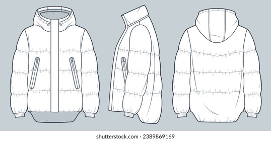 Moda técnica de la Chaqueta Puffer Ilustración. Chaqueta capuchada, plancha de dibujo técnico plano de moda de Abrigo, bolsillos, vista frontal, lateral y trasera, blanco, mujeres, hombres, conjunto de maquillaje CAD de ropa interior unisex.