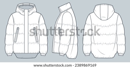 Puffer Jacket technical fashion Illustration. Hooded down Jacket, Coat fashion flat technical drawing template, pockets, front, side and back view, white, women, men, unisex Outerwear CAD mockup set.