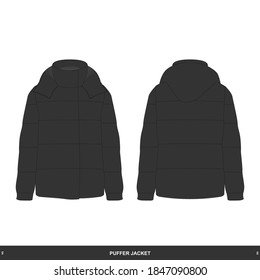 Puffer Jacket, Three View Front, Back and Side, Color is Black and White, Mockup Design or Template for Commercial Use