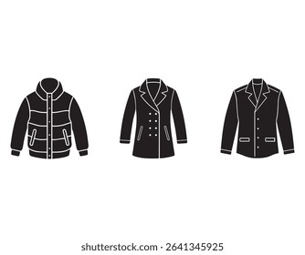 puffer jacket-sketch leather jacket-sketch,double breasted coat sketch icon silhouette vector
