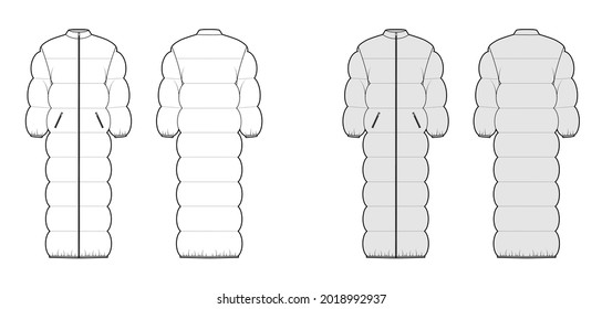 Puffer quilted shell down coat jacket technical fashion illustration with long sleeves, stand collar, maxi length, pockets, oversized. Flat template front, back, white, grey color. Women, men mockup