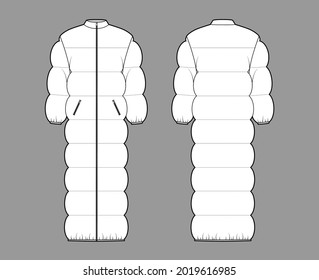 Puffer quilted shell down coat jacket technical fashion illustration with long sleeves, stand collar, maxi length, zip-up closure, oversized. Flat template front, back, white color. Women, men CAD