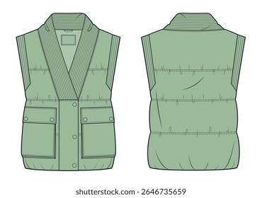 Puffer Vest with Flap Pocket Technical Fashion Illustration. Sleeveless Jacket fashion flat technical drawing template, button, quilted, front, back view, sage green, women, men, unisex CAD mockup. 