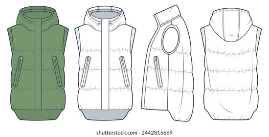 Puffer Vest technical fashion Illustration. Hooded down Vest, Waistcoat fashion technical drawing template, pockets, front, side and back view, white, green, women, men, unisex Jacket CAD mockup set. svg