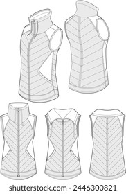 Puffer Vest technical fashion Illustration with a high collar. Insulated down vest, fashion cad design template, front, back, angled and detailed views with editable features. 