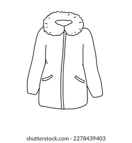 Puffer winter jacket isolated on white. Doodle outline illustration. Warm outerwear