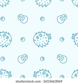 Pufferfish and Bubbles Seamless Pattern. Hand drawn blowfish doodle background with line water elements. Repeat vector illustration