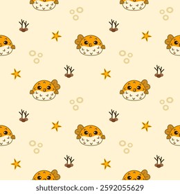 Pufferfish cartoon so cute. On coral starfish yellow background. Pattern seamless vector illustration. 