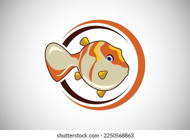 Pufferfish in a circle. Fish logo design template. Seafood restaurant shop Logotype concept icon.