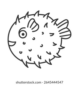 Pufferfish Doodle Clipart. Peixe Fugu desenhado à mão bonito em estilo de desenho animado minimalista. A arte da linha de animais da vida marinha. Ilustração vetorial