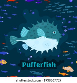 Pufferfish. Endangered fish species. Threatened fish stocks. Save the ocean concept. Editable vector illustration in bright colors. Colorful cartoon flat style.