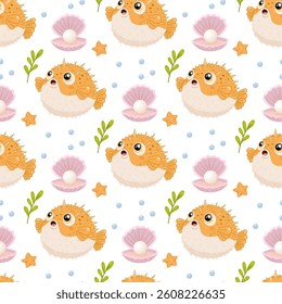 pufferfish pattern cute ocean sea seamless background marine cartoon animal shell